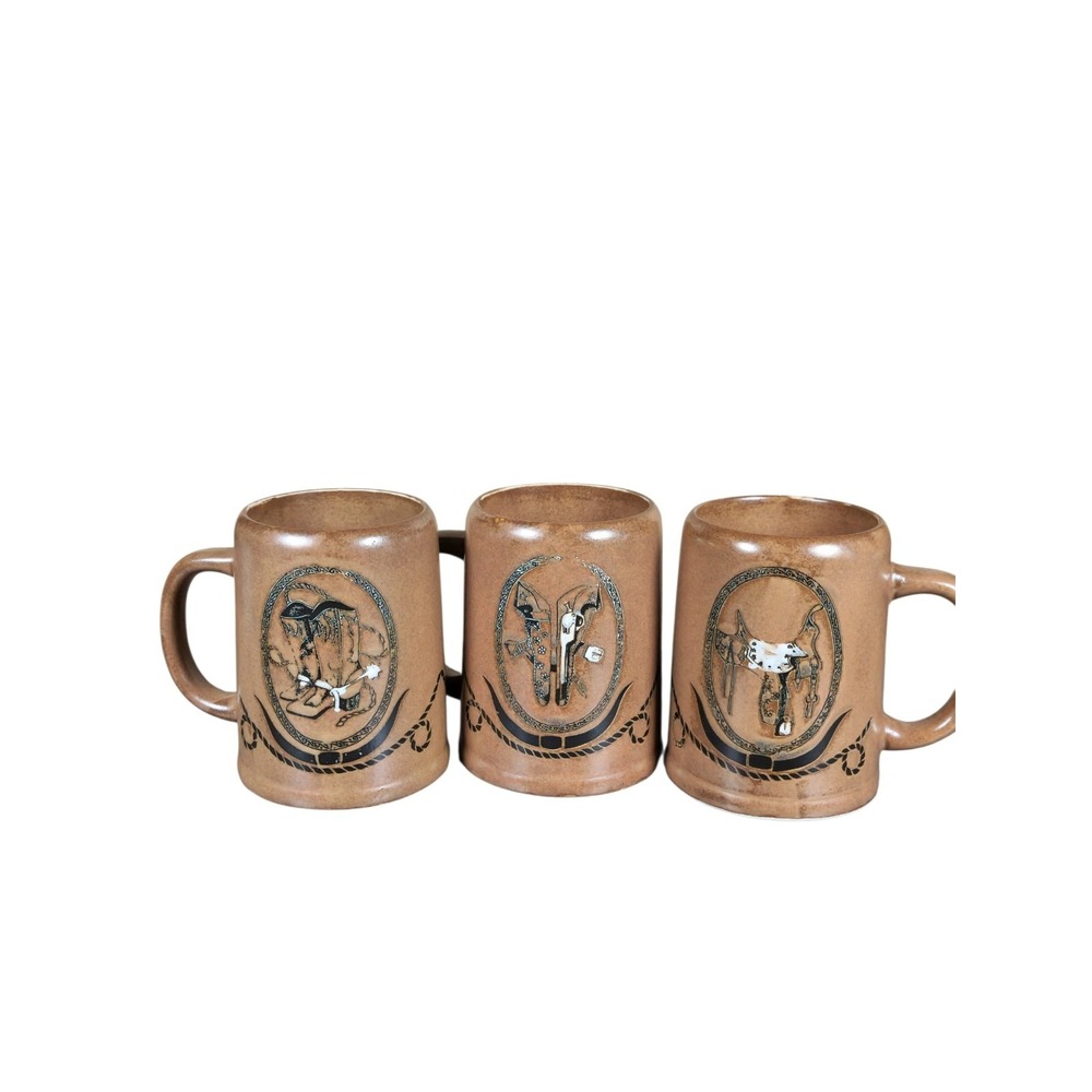 3 Pcs Texas Mug Set - Boots, Pistol, and Saddle Design